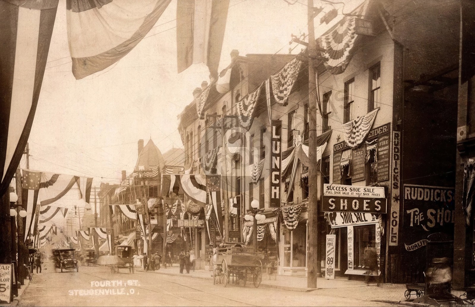 Steubenville OH Ohio 4th St Patriotic Stores c1910 RPPC Photo Postcard COPY
