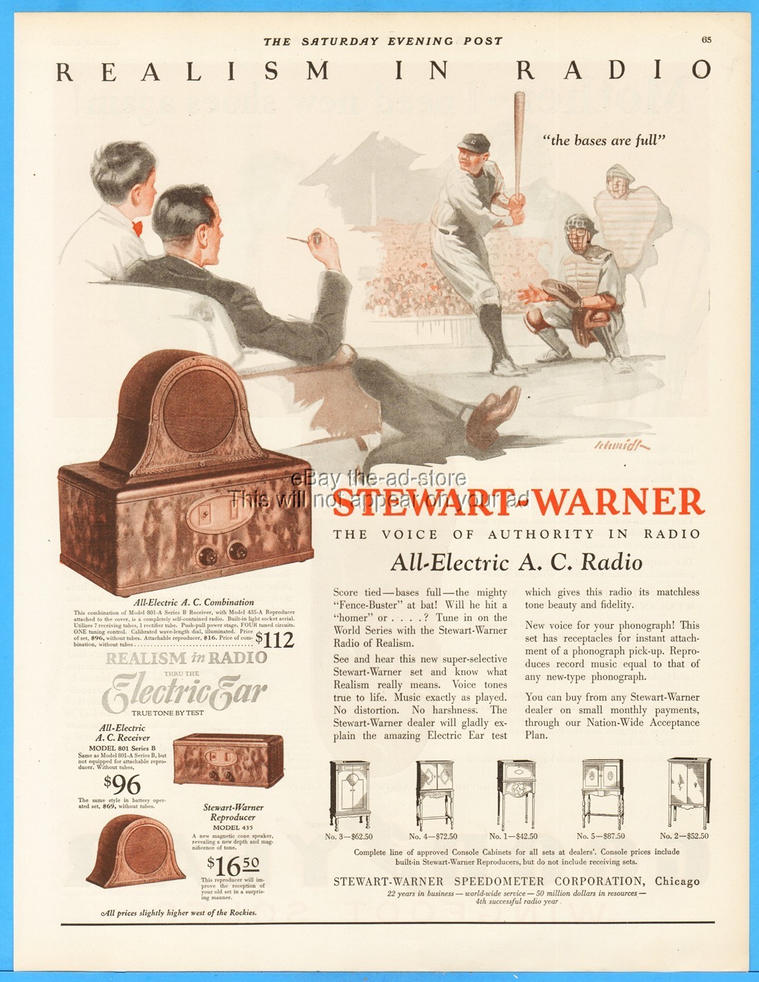 1928 Stewart-Warner Radio Model 801-A 801 Series B Baseball Game Schmidt Art Ad