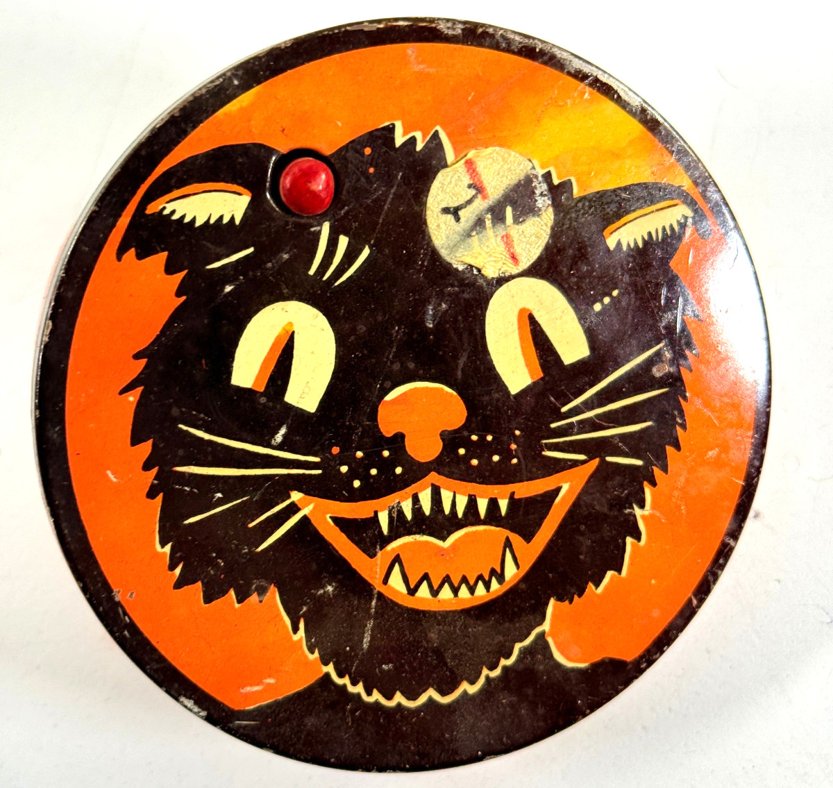 vtg Kirchhof tin litho Halloween noisemaker Black Cat rattle