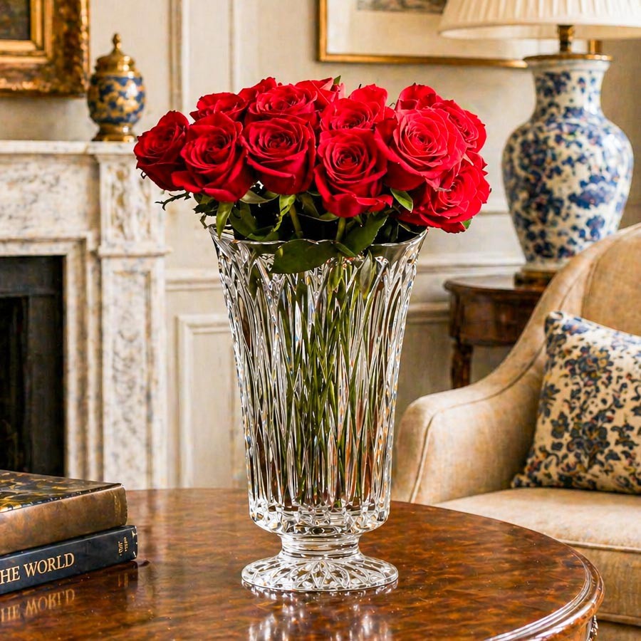 Stunning Ornate Heavy Vintage Block Crystal Flower Vase Home Decor