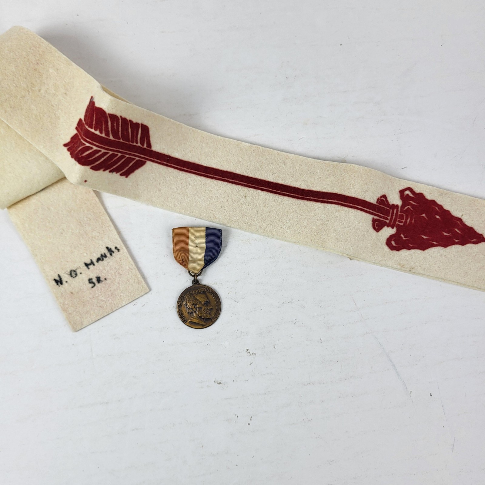 BSA Order of the Red Arrow Sash Felt + 1948 Abraham Lincoln Medal Boy Scout ID'd