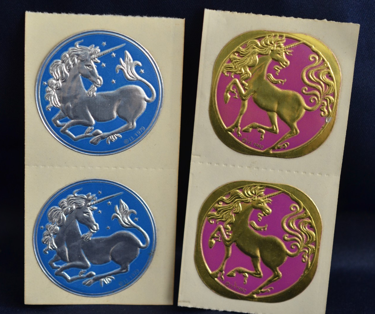 Vintage 1979 & 1982 Illuminations UNICORN Stickers LOT Blue, Pink 2 Inch Dia.