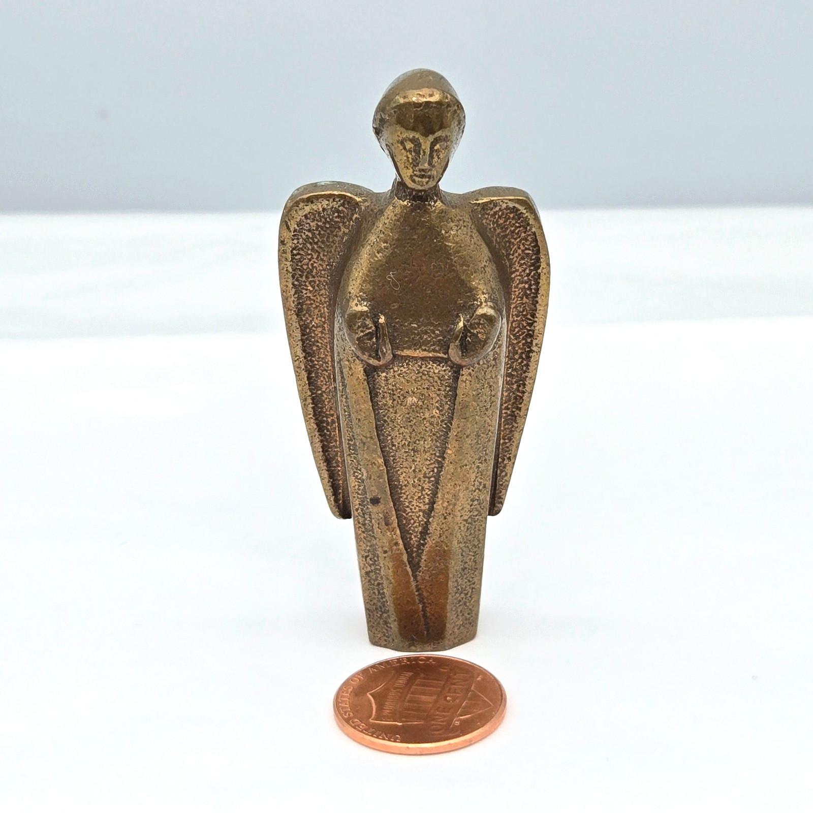 Vtg Bronze Angel Sculpture Pocket Amulet Fetish Mini Statue Art Deco Heavy 2.75\