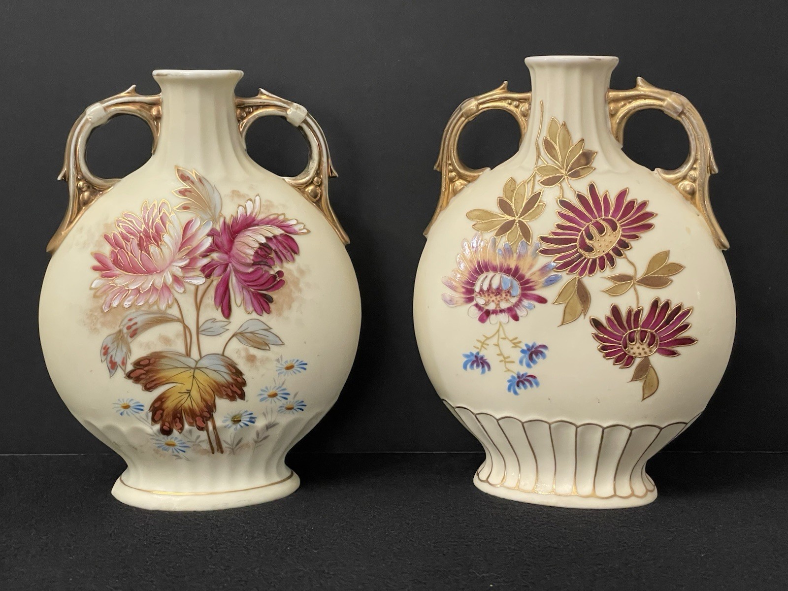 Victoria Carlsbad Austria Double Handled Floral Porcelain Vase Hand Painted Pair