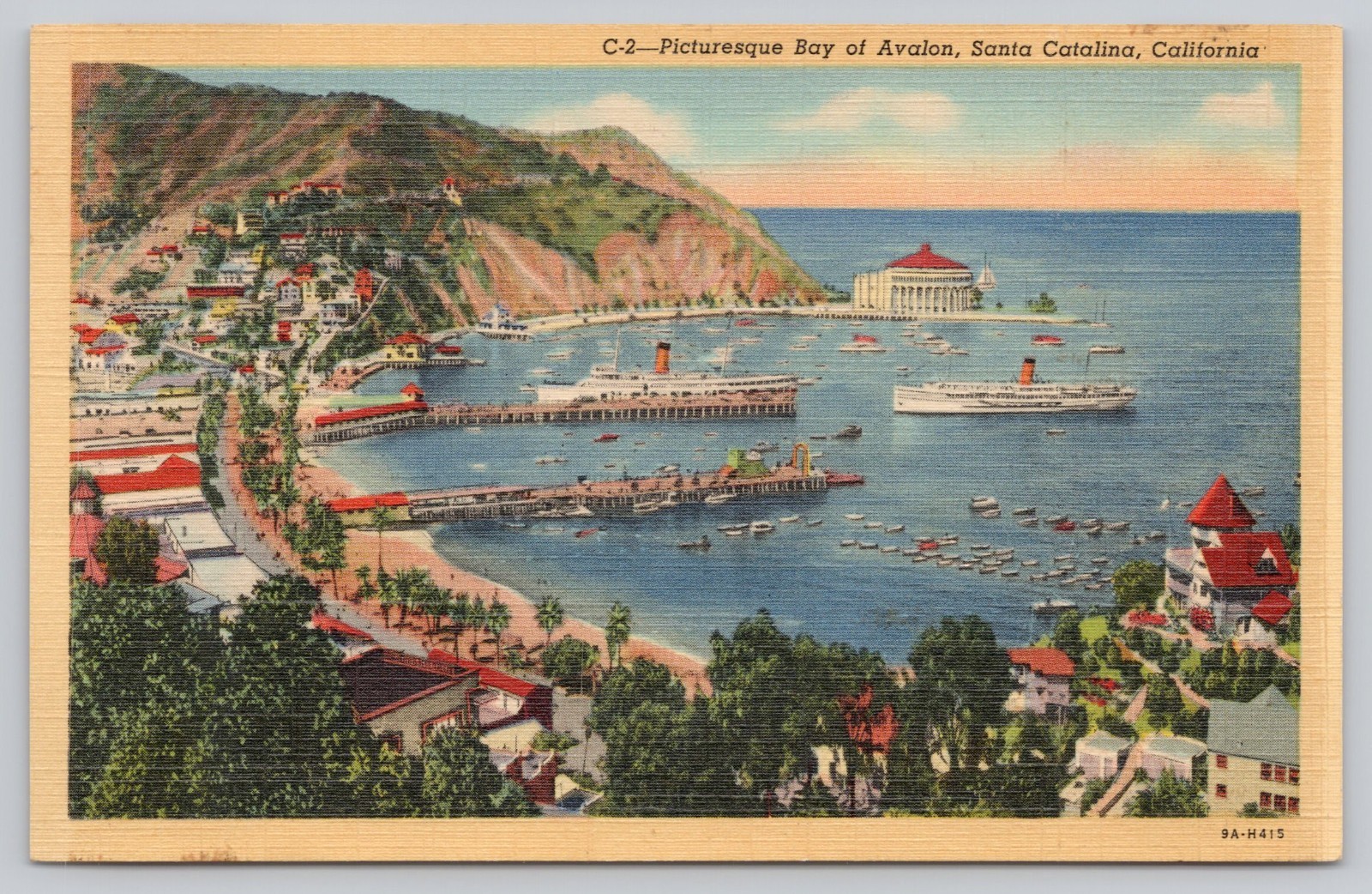 Bay of Avalon Santa Catalina CA Postcard Coastal View Ships Boats Linen