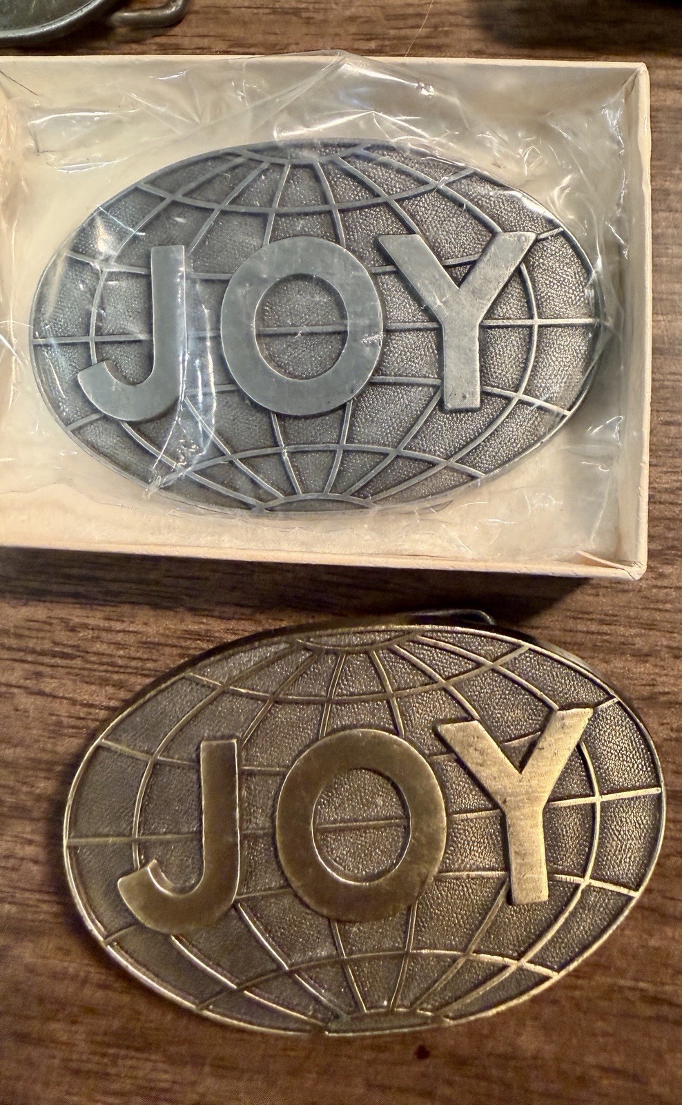 2 VTG 1970s JOY MANUFACTURING COMPANY PROMOTIONAL BELT BUCKLE Brass & Pewter
