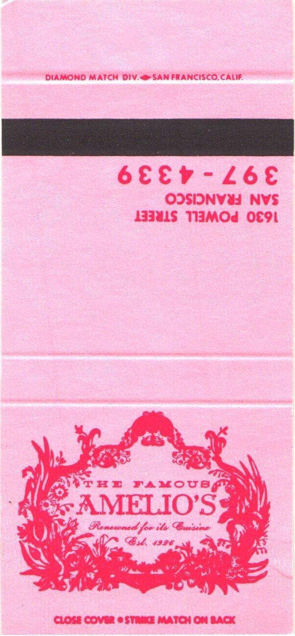 The Famous Amelio\'s San Francisco CA Vintage Matchbook Cover 1960s-70s The Famous Amelio\'s San Francisco CA Vintage Matchbook Cover 1960s-70s