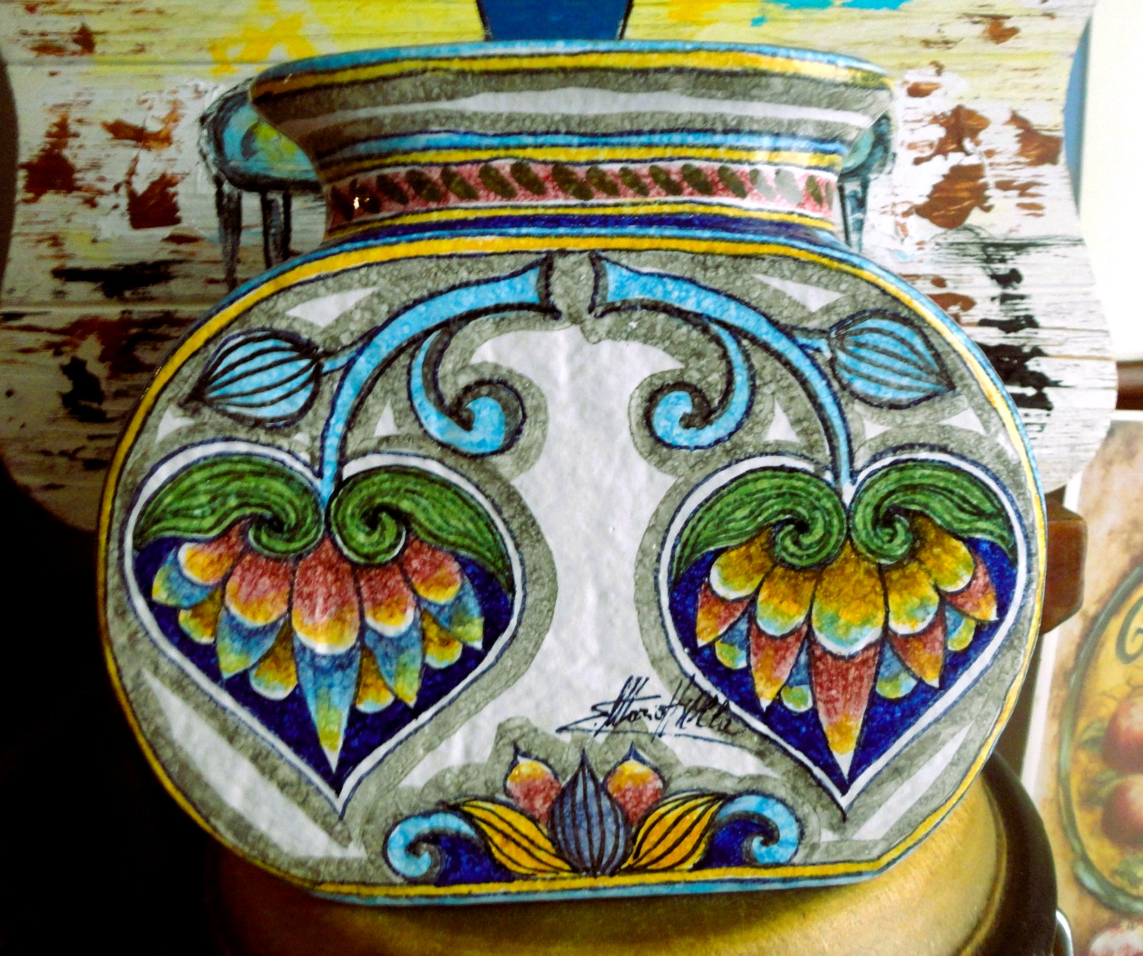 Italian Vintage heavy porcelain vace hand painting and signed Italian Vintage heavy porcelain vace hand painting and signed