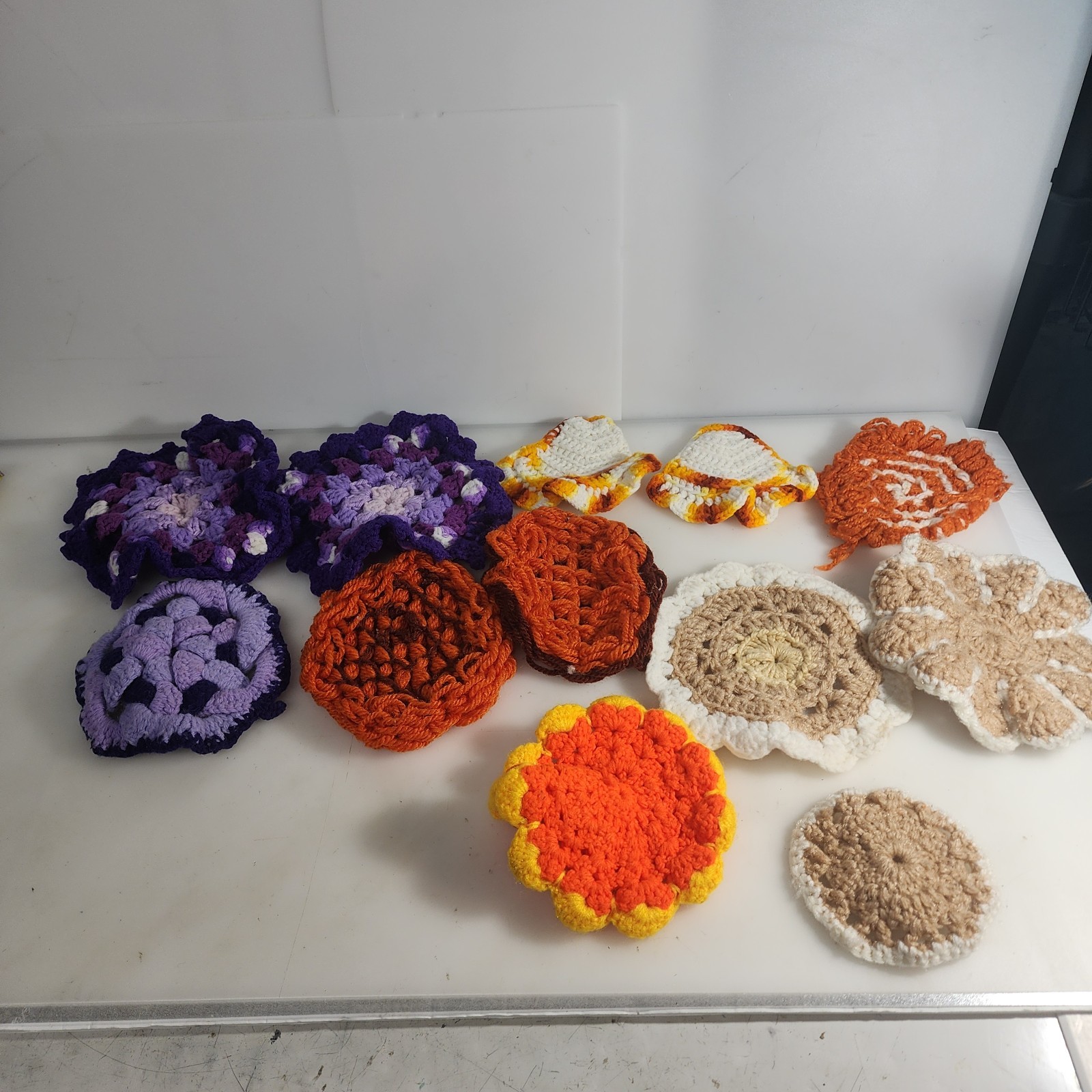 12 vintage Handmade Crocheted Potholders Hot Pads Bright Color Rounds 6\