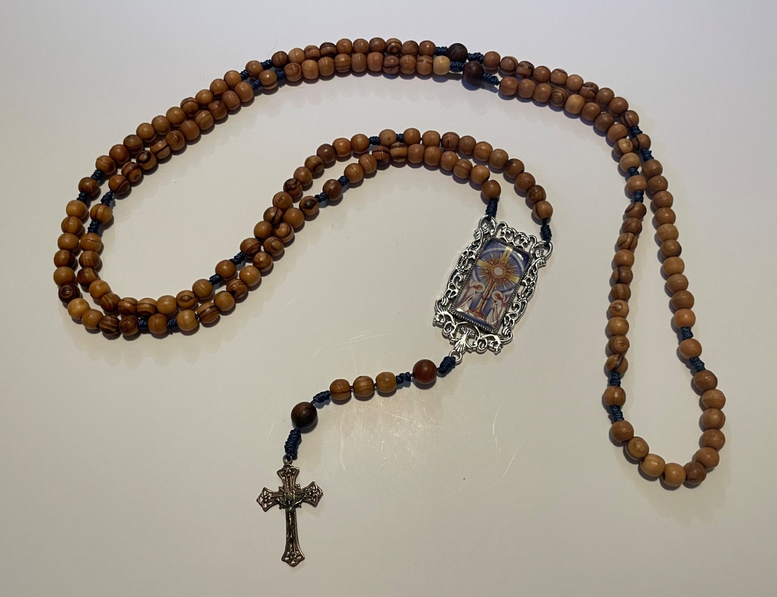 Handmade Catholic 15 Decade Rosary Jerusalem Olive wood beads Bronze microcord