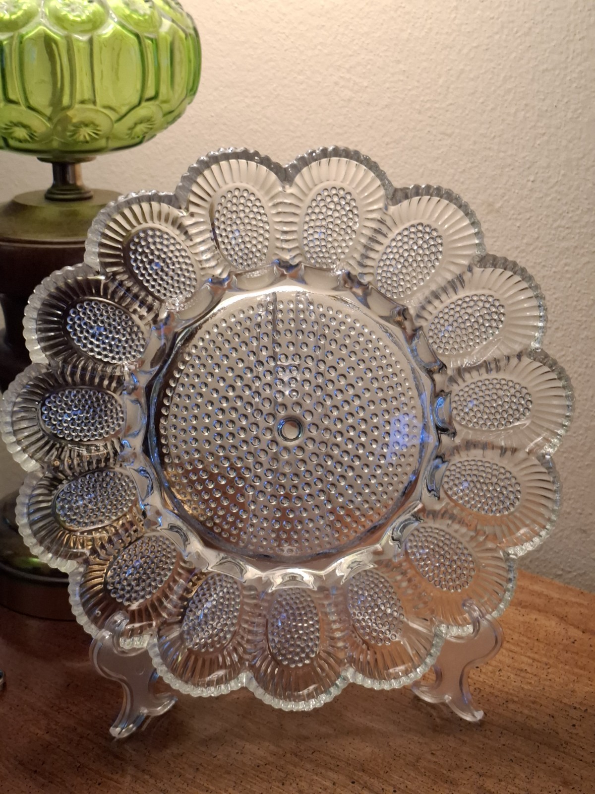 Vintage Cut Pebbled Glass Deviled Egg Serving Platter Plate Holds 15 Eggs