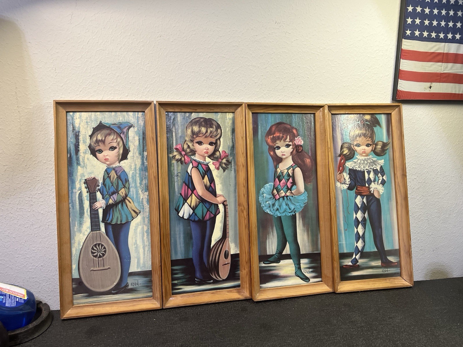 Vtg 4 Piece Set Eden Big Eye Harlequin Girl Wall Art Framed Mid Century Retro