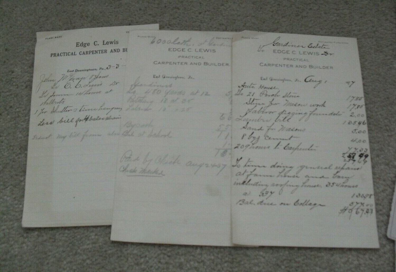 Lot of 3 Vintage 1900 1907 Receipts Downingtown Pa Edge C Lewis Carpenter Lot of 3 Vintage 1900 1907 Receipts Downingtown Pa Edge C Lewis Carpenter