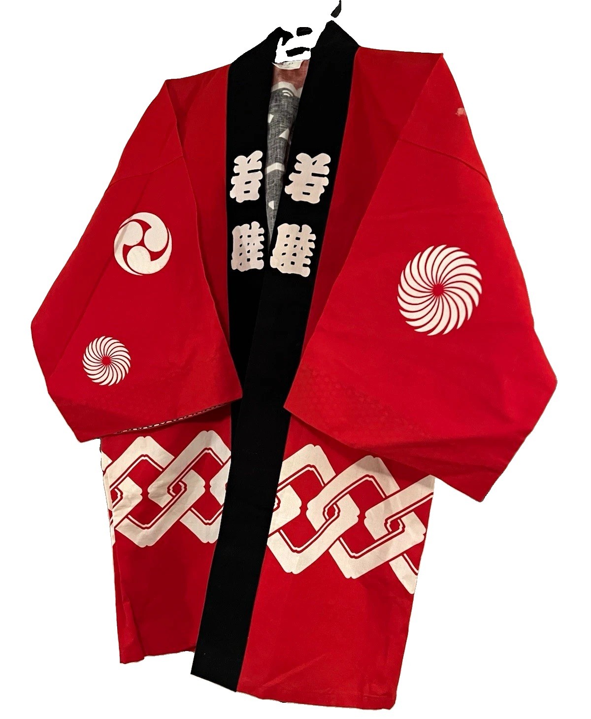 Vtg. Japanese Red Happi Matsuri Kimono Crests Swirl/Patterns, Obi