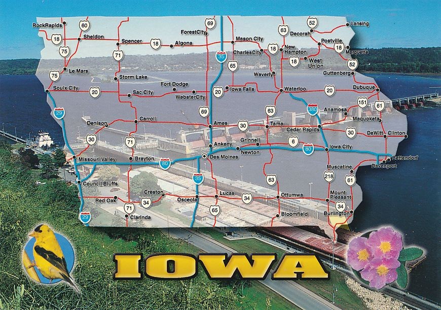 Map of Iowa bordered by the Missouri and Mississippi Rivers