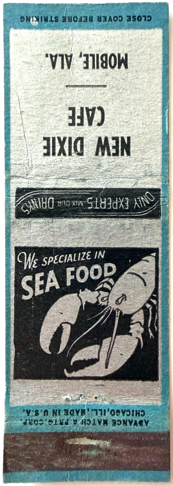 1940s New Dixie Cafe Restaurant Matchbook Cover Mobile Alabama Sea Food Vintage