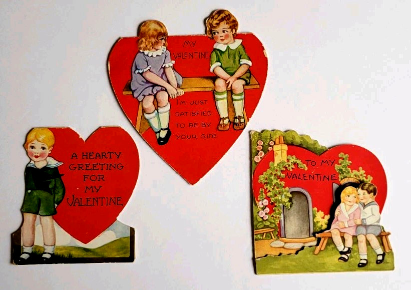 Lot 3 Vintage 1930s Valentines Folded Sweet Boys & Girls 1-Fold Down & Up