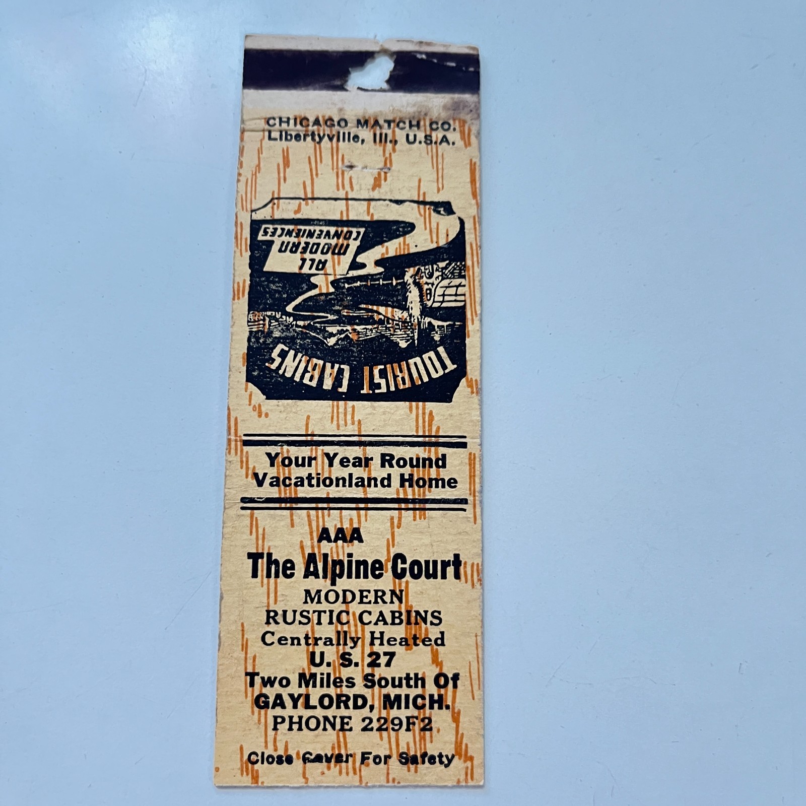 The Alpine Court Modern Rustic Cabins Gaylord MI Vintage Matchbook Cover TMB92-2