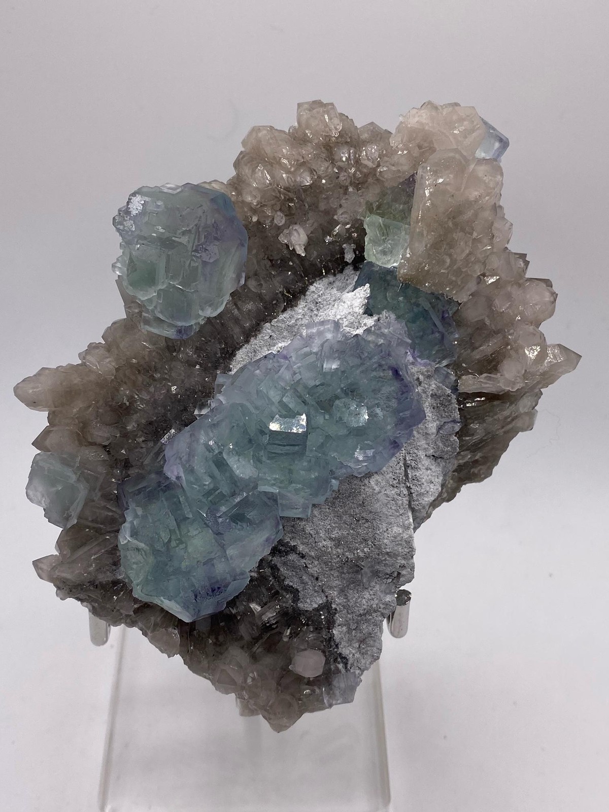 Beautiful Blue Fluorite on Smoky Quartz HQ - See video