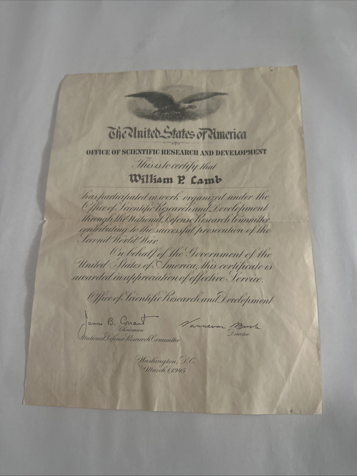 1945 WWII OSRD NDRC Service Certificate William P. Lamb Scientific Research
