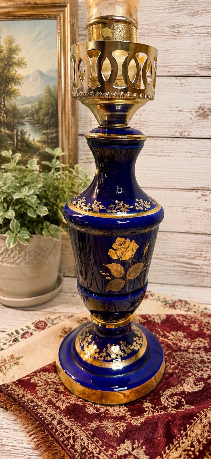 Vintage Cobalt Blue Glass Table Lamp Gold Floral Hollywood Regency Accent Lamp