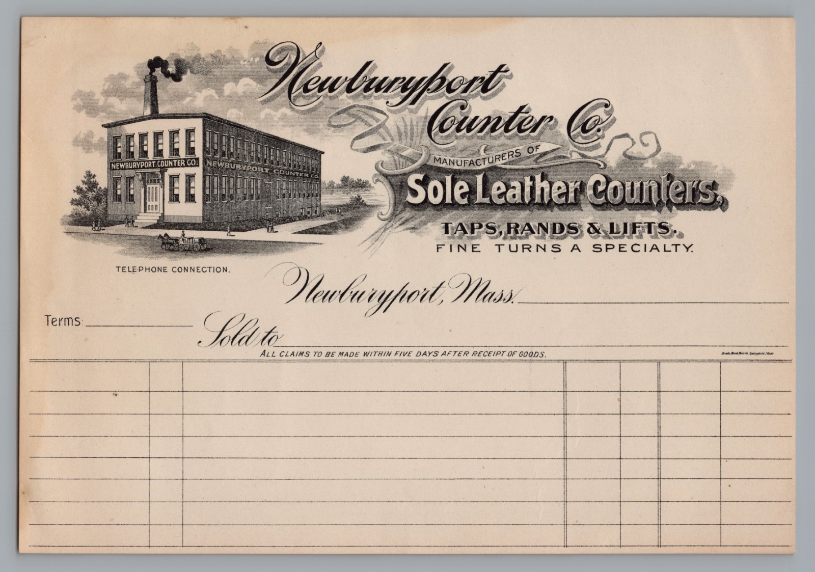 Antique Newburyport Counter Co Leather Shoe Factory Billhead Vignette Mass MA