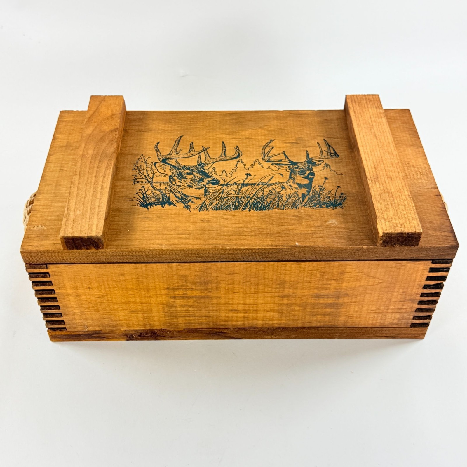 Vintage Wooden Storage Box Rustic Deer Illustration Hinged Lid Rope Handles