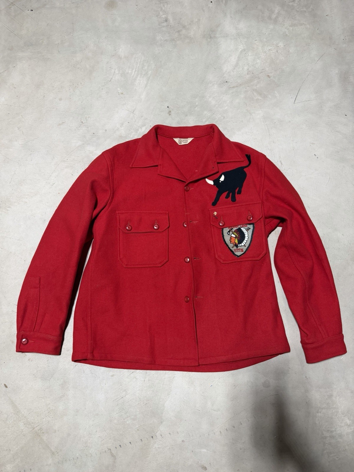 Vtg Boy Scouts Of America Jacket - Philmont Bull Patch Red Wool Shacket