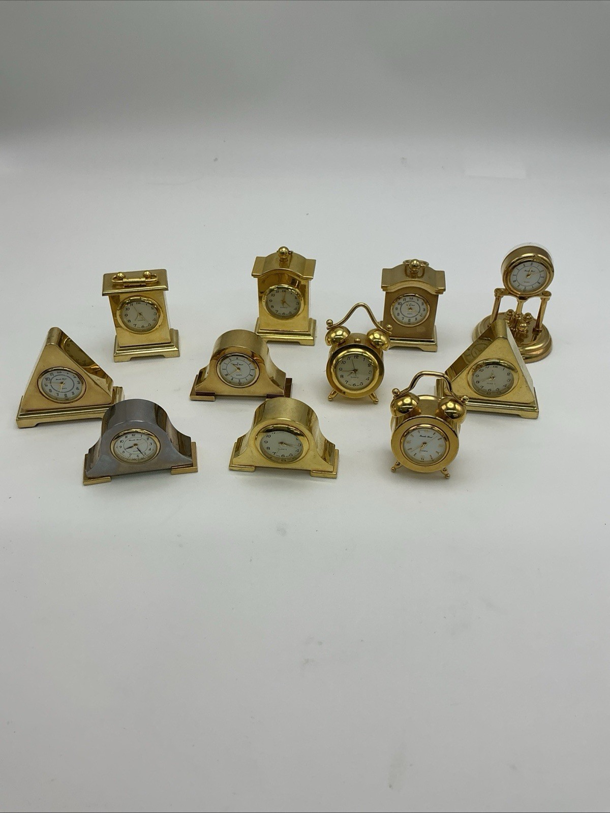 Vintage Gold Tone Novelty Miniature Quartz Desk Clock Collection Lot of 11 Vintage Gold Tone Novelty Miniature Quartz Desk Clock Collection Lot of 11