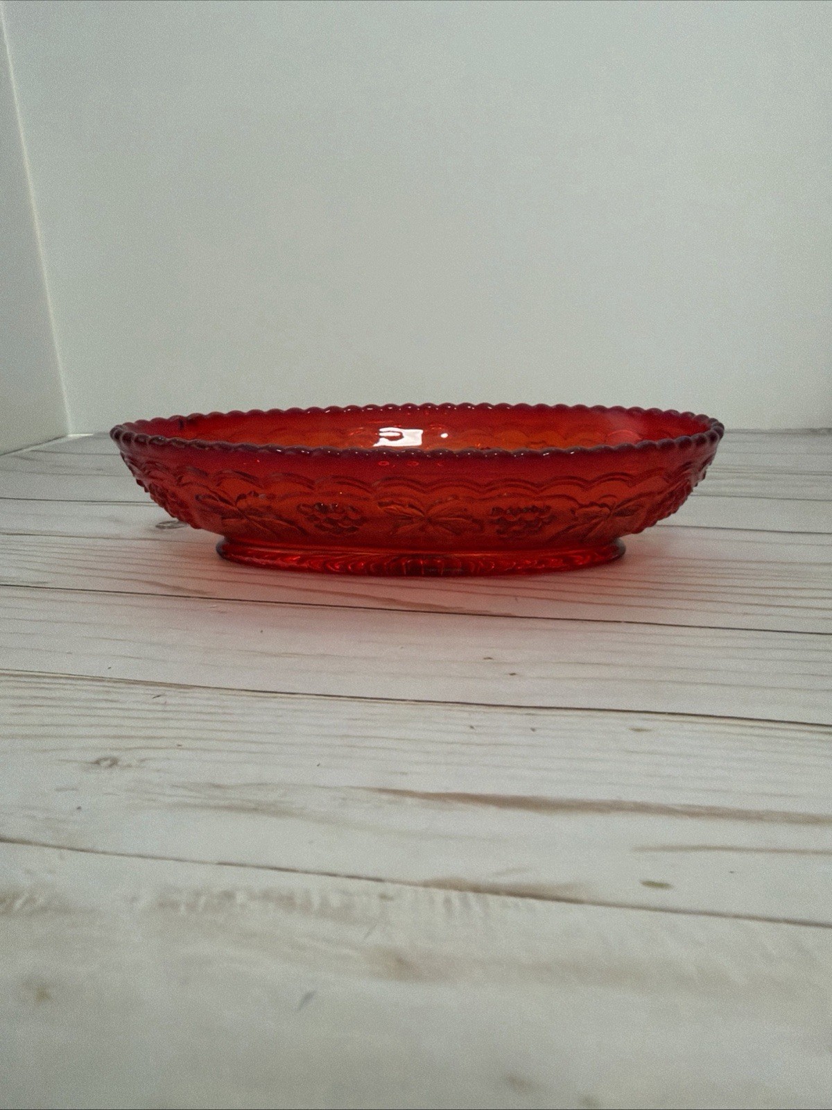 Imperial Glass Grape Vine & Leaves Ruby Red Amberina Oval Bowl Dish 8 1/2