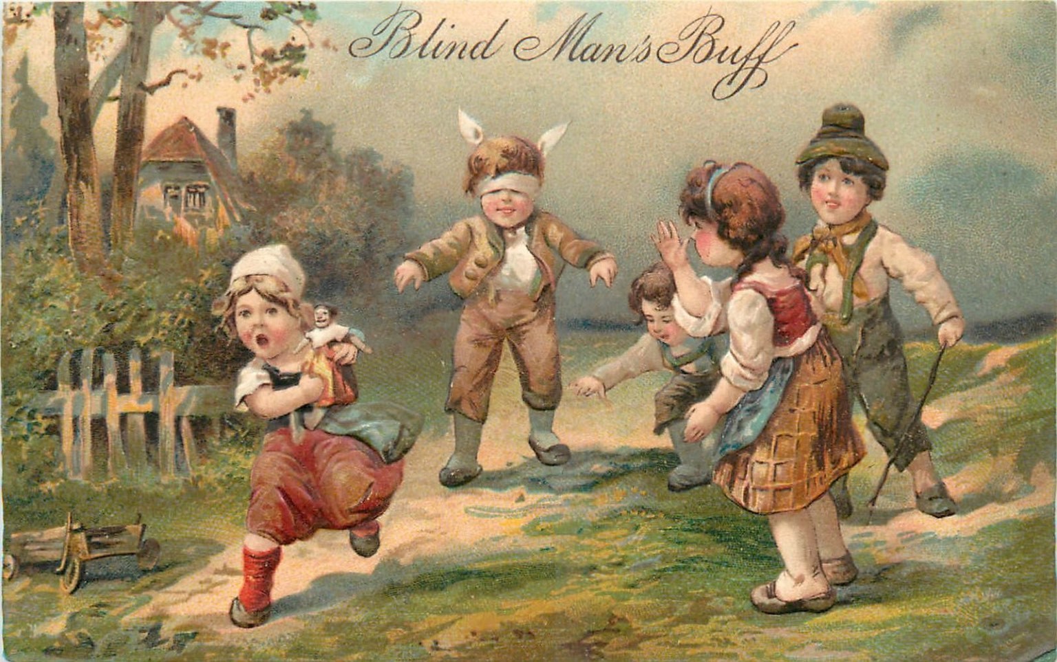 Antique Embossed Blind Man's Buff Children Game Postcard P.F.B. Relief c.1910s