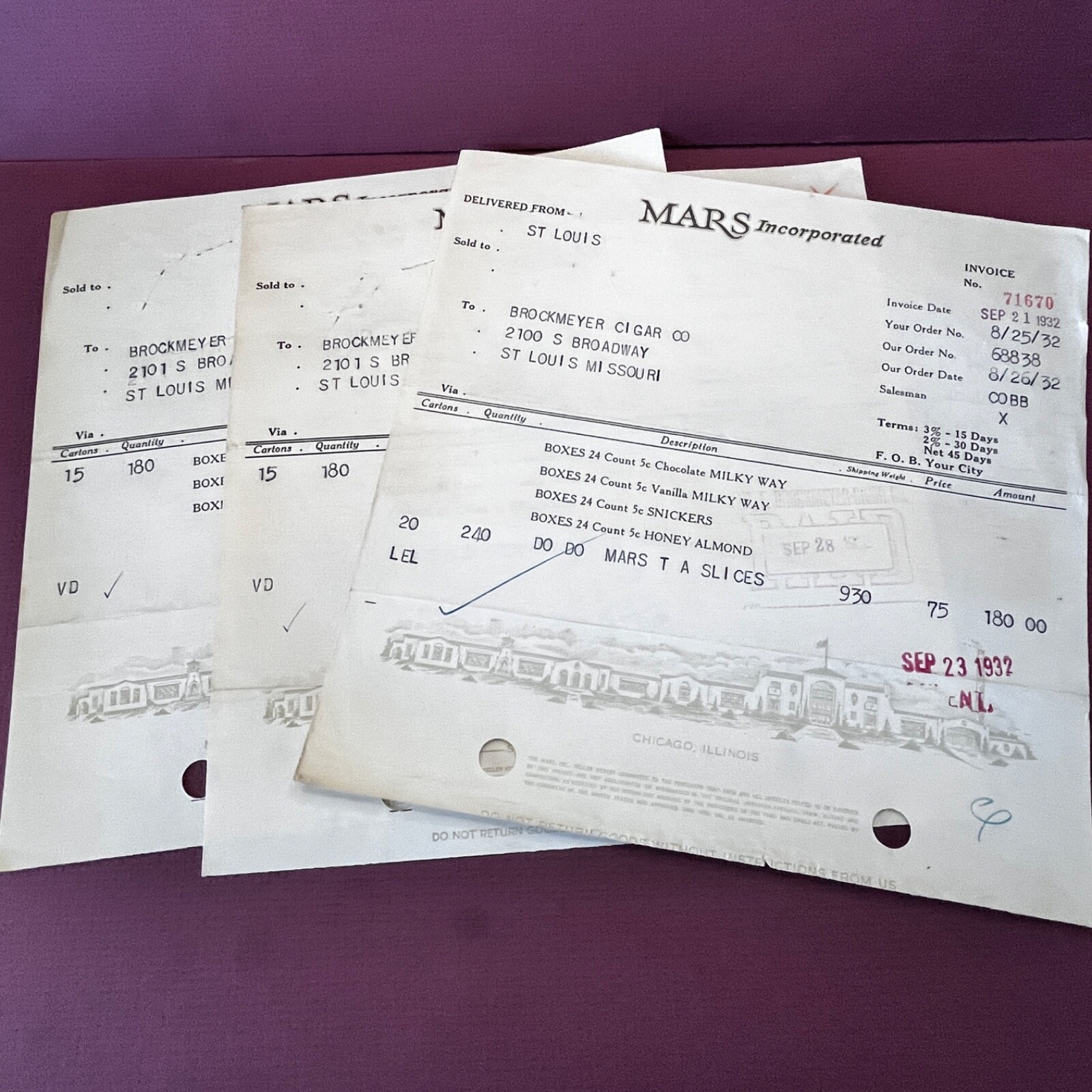  3 Antique Receip invoice t Mars Candy 1932 1931 St Louis SL2