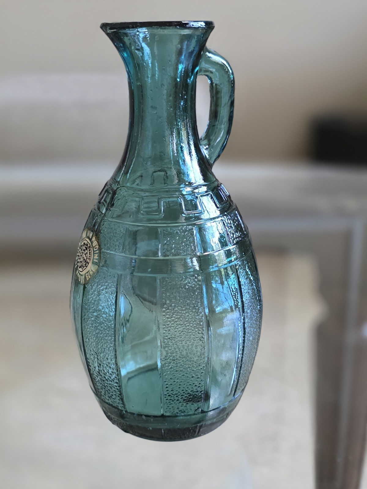 1973 Rodini Wine Festival Pitcher Rhodes Greece Vtg Teal Press Glass Decanter 1973 Rodini Wine Festival Pitcher Rhodes Greece Vtg Teal Press Glass Decanter