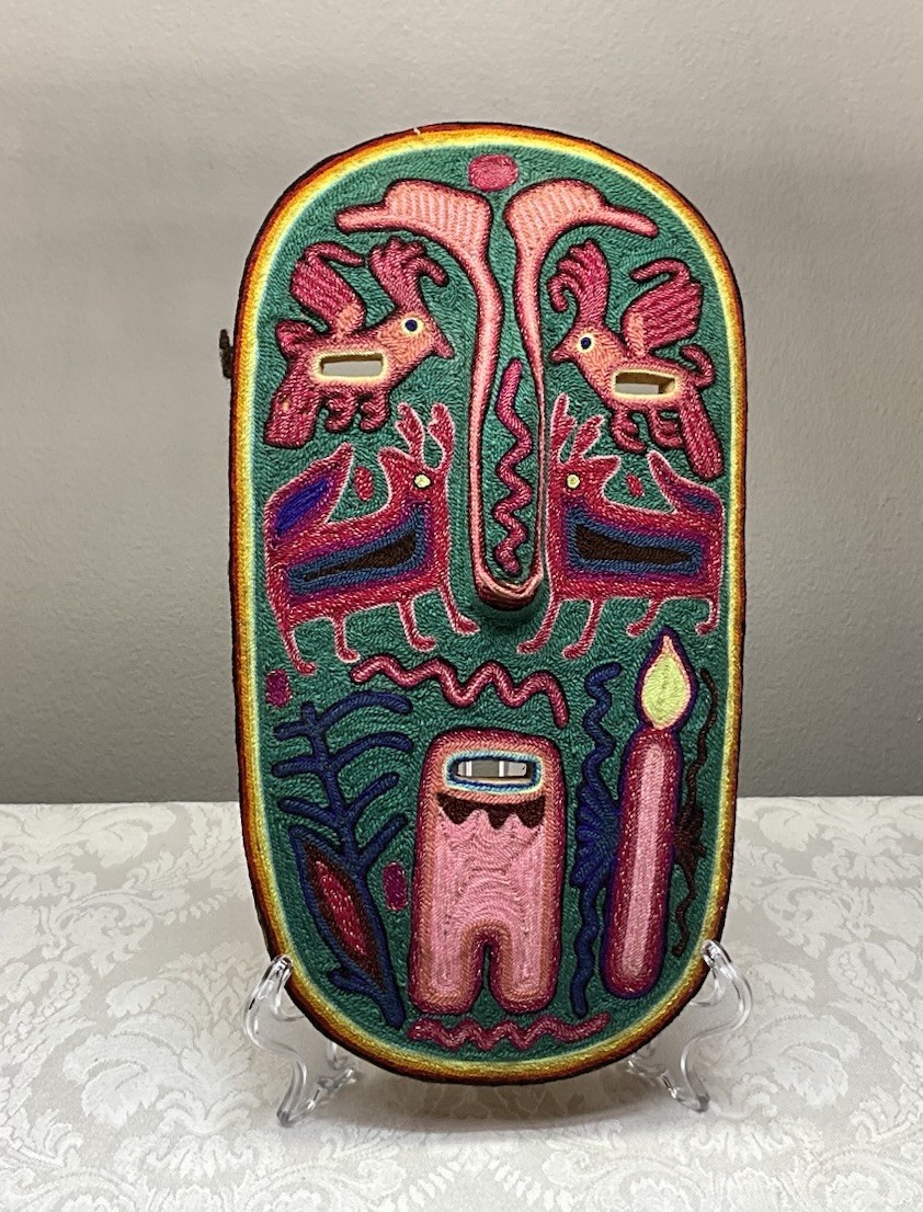 Vintage Huichol Yarn Painting Wood Mask Mexican Folk Art Wall Hanging 11”x6”