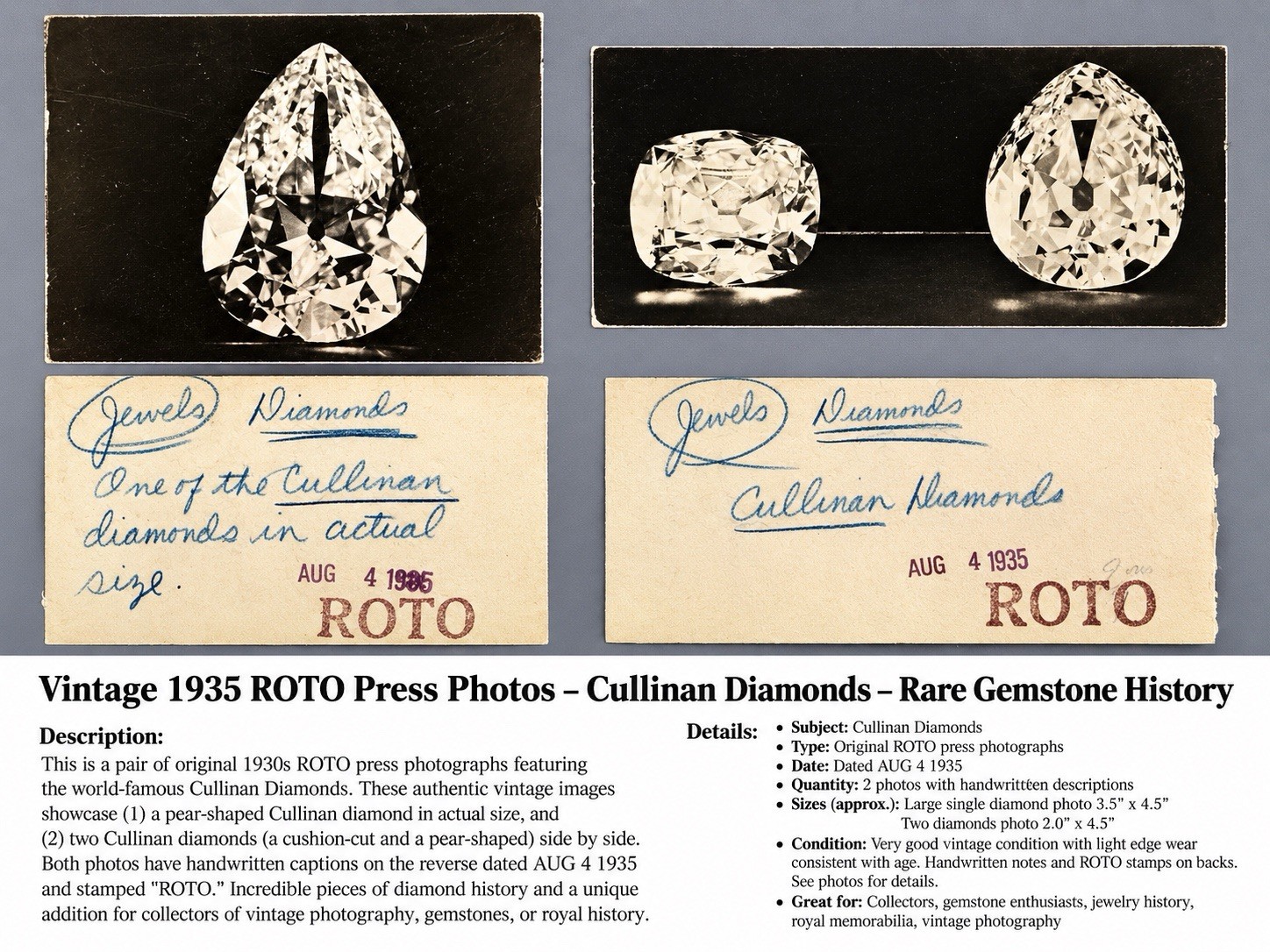 Original 1935 ROTO Press Photos Cullinan Diamonds Vintage Jewellery Archive