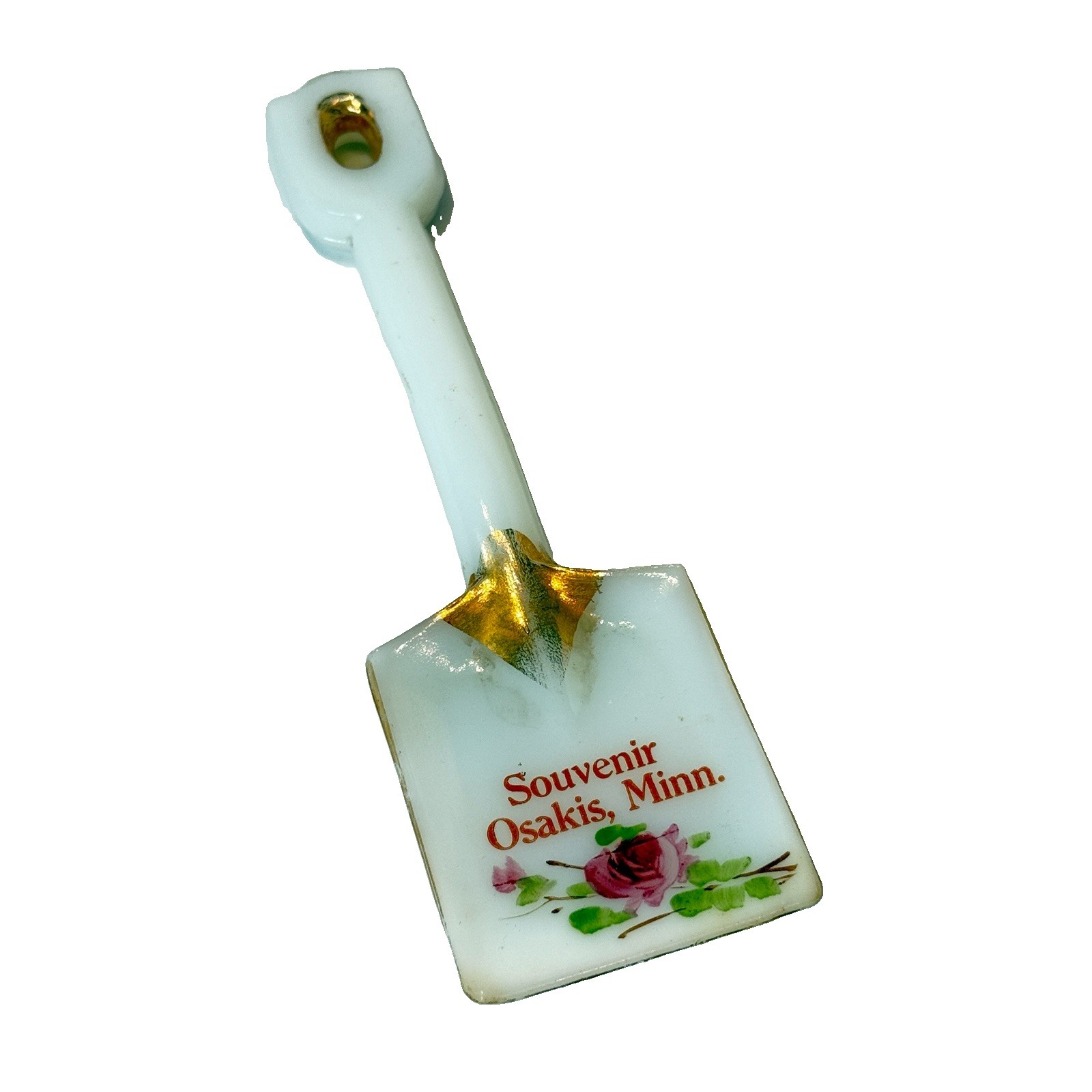 OSAKIS MINNESOTA MN Antique DEPRESSION WHITE MILK Glass Souvenir TRINKET SHOVEL