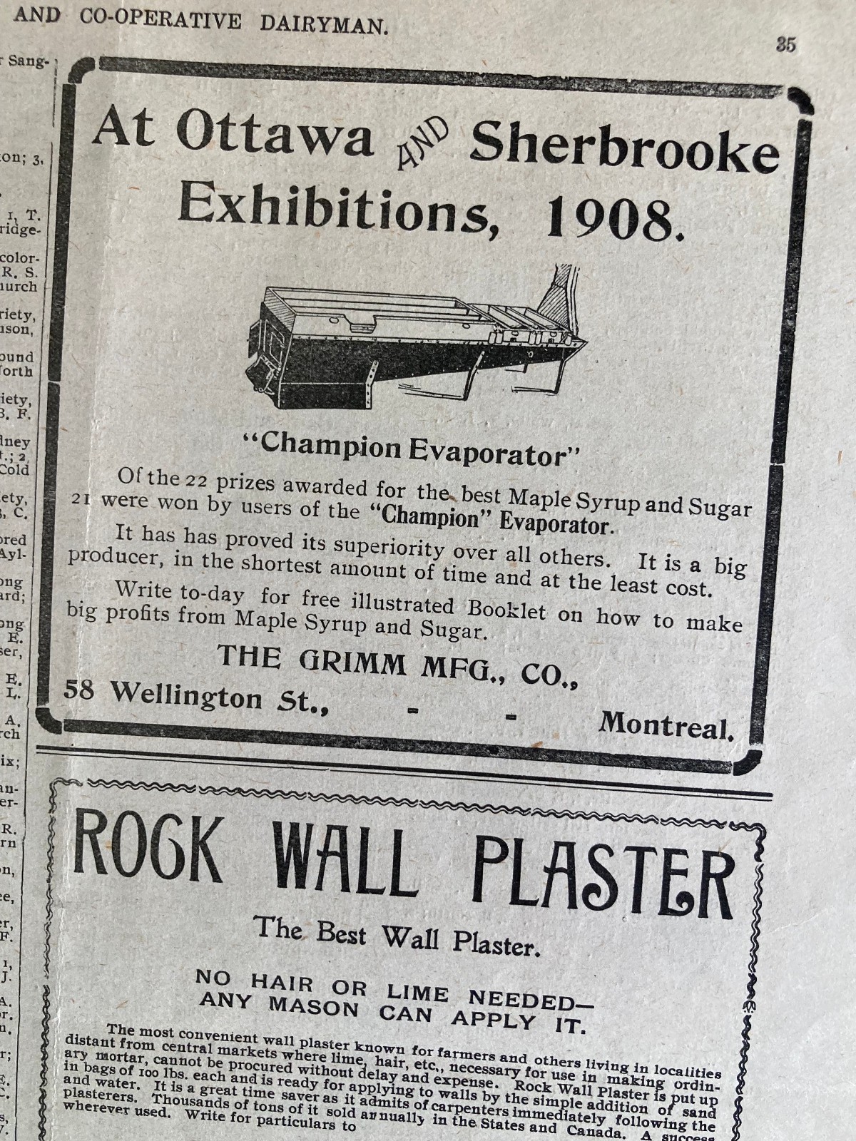 1908 CANADA CANADIAN AD GRIMM CHAMPION MAPLE SYRUP EVAPORATOR SUGAR FULL PAGE AD