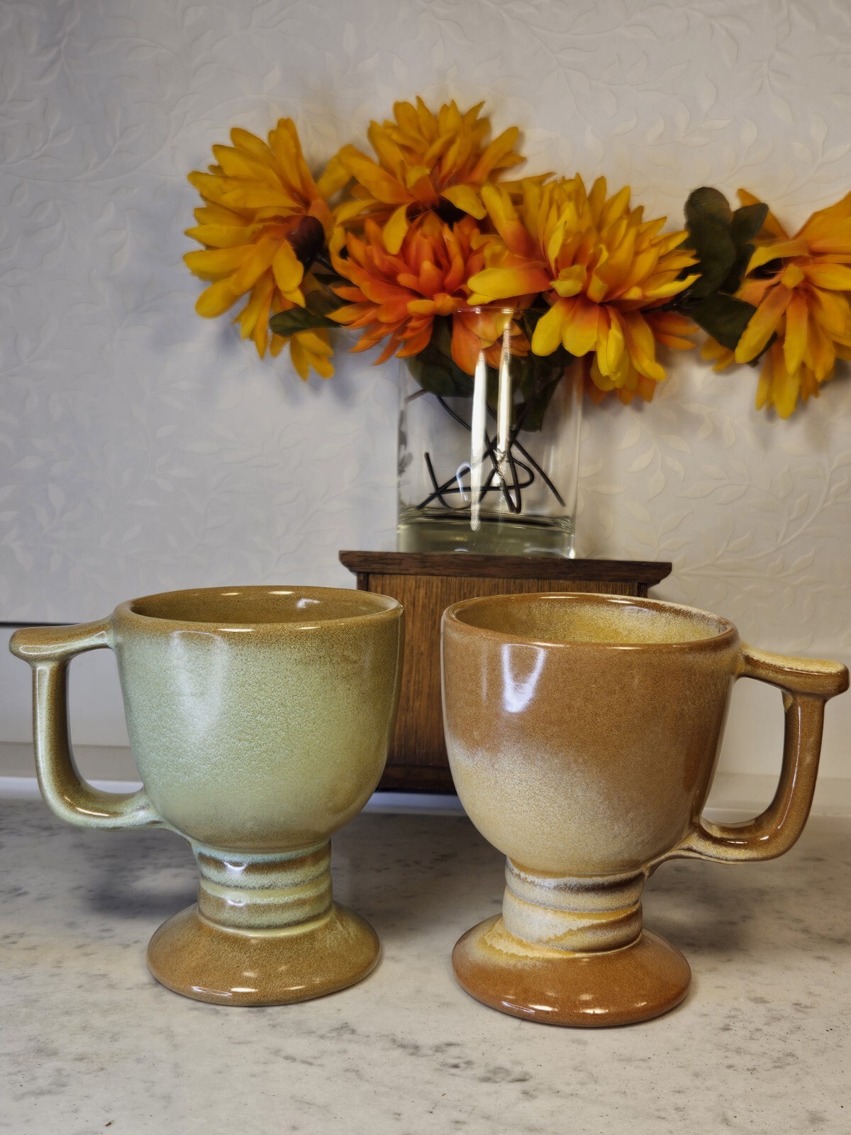 Pair Of 2 Vintage Frankoma Pottery 6 Ounce Desert Gold/Green Pedestal Mugs C13