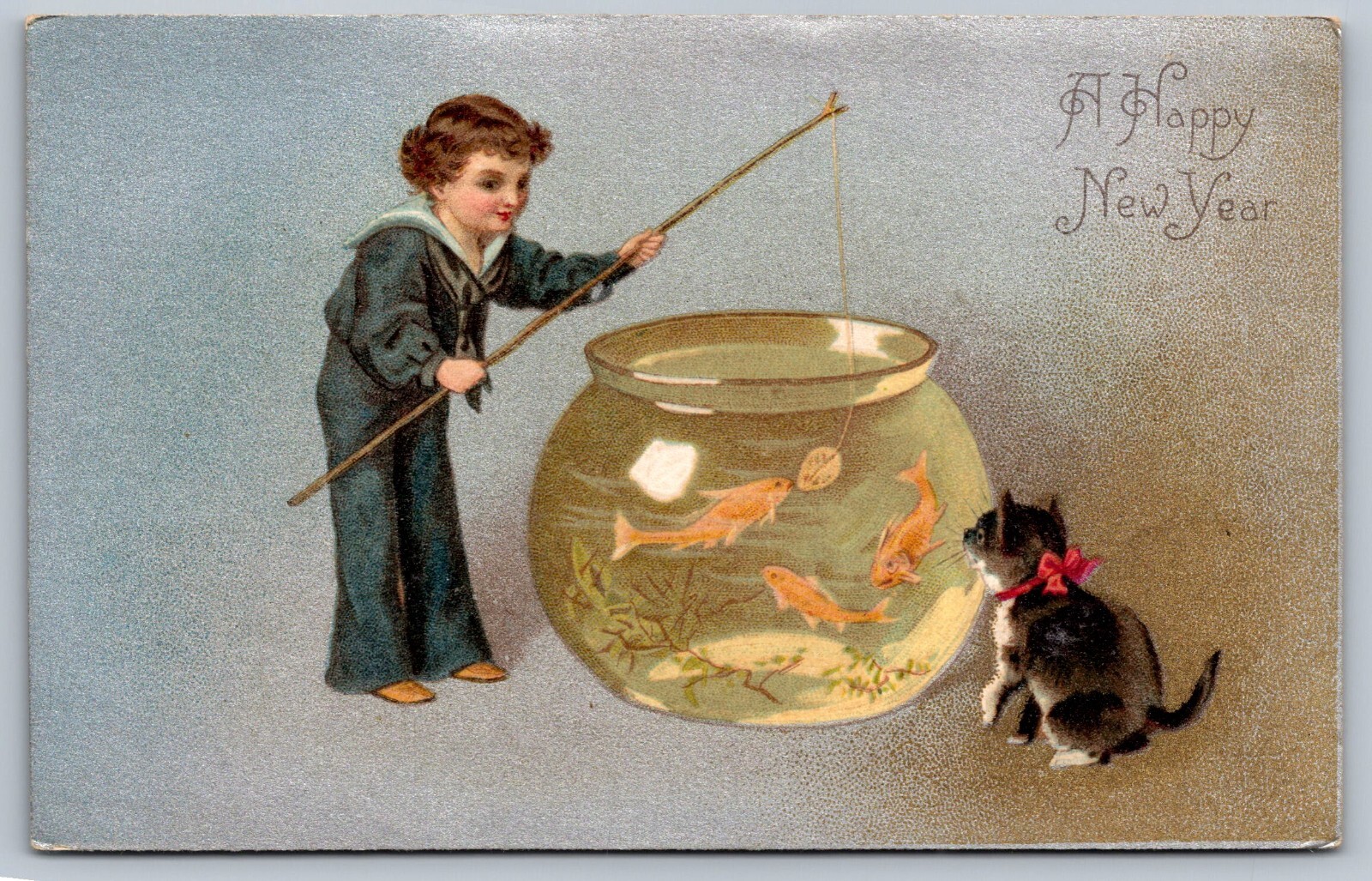c1905 POSTCARD HAPPY NEW YEAR SAILOR BOY FISHES GOLDFISH BLACK CAT LOOKS ON