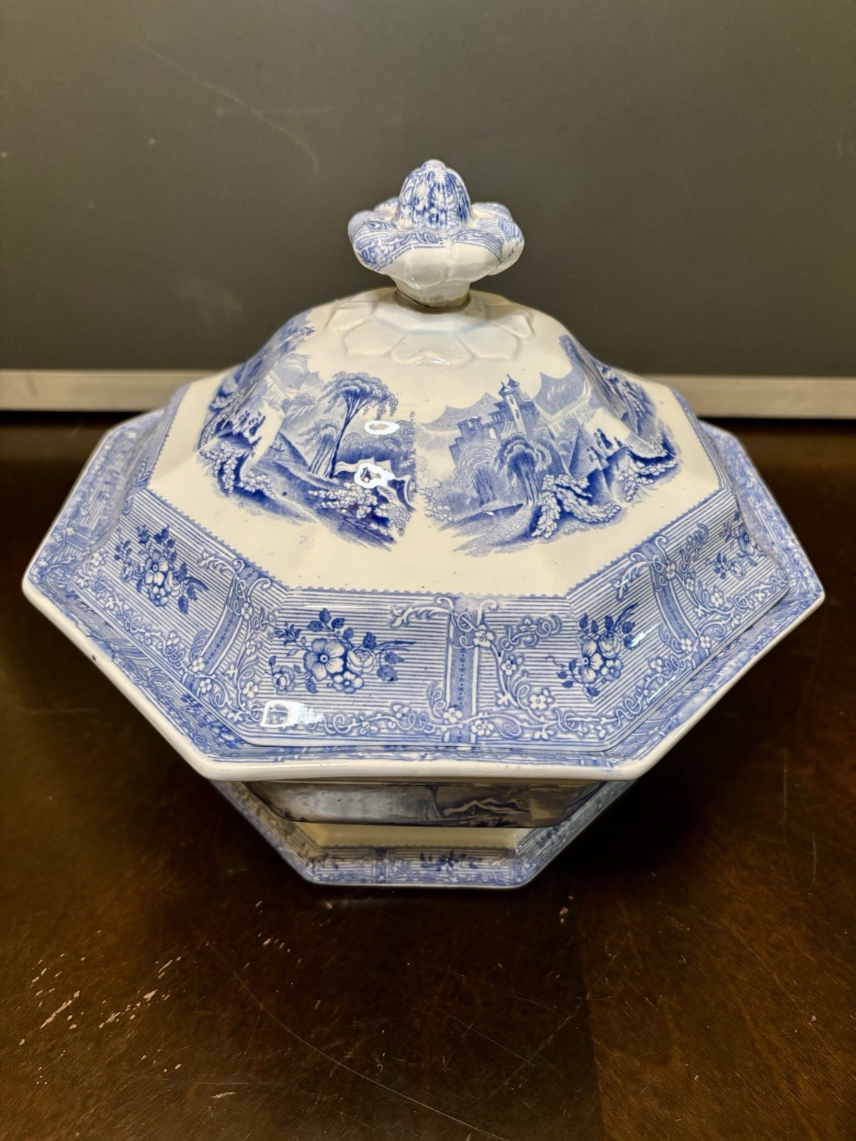 J Heath Ontario Scenic Blue & White Octagonal Ceramic Tureen w/ Lid Handles 