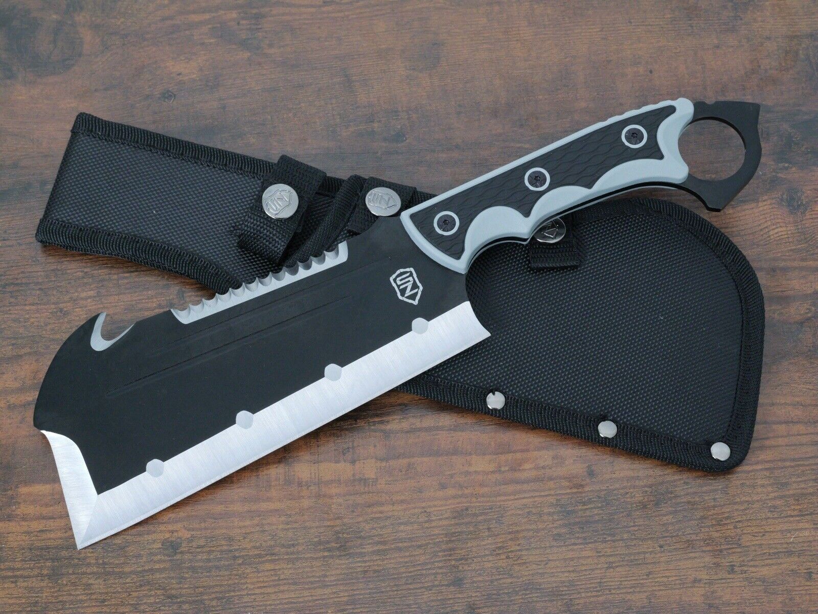 15” Tactical Cleaver Hook Thick Blade Powder Coated Black Rubber Handle Sheath 15” Tactical Cleaver Hook Thick Blade Powder Coated Black Rubber Handle Sheath