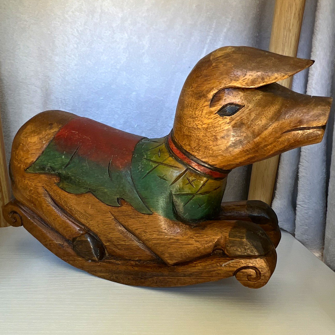 Hand carved, hand painted wood rocking pig Thailand 