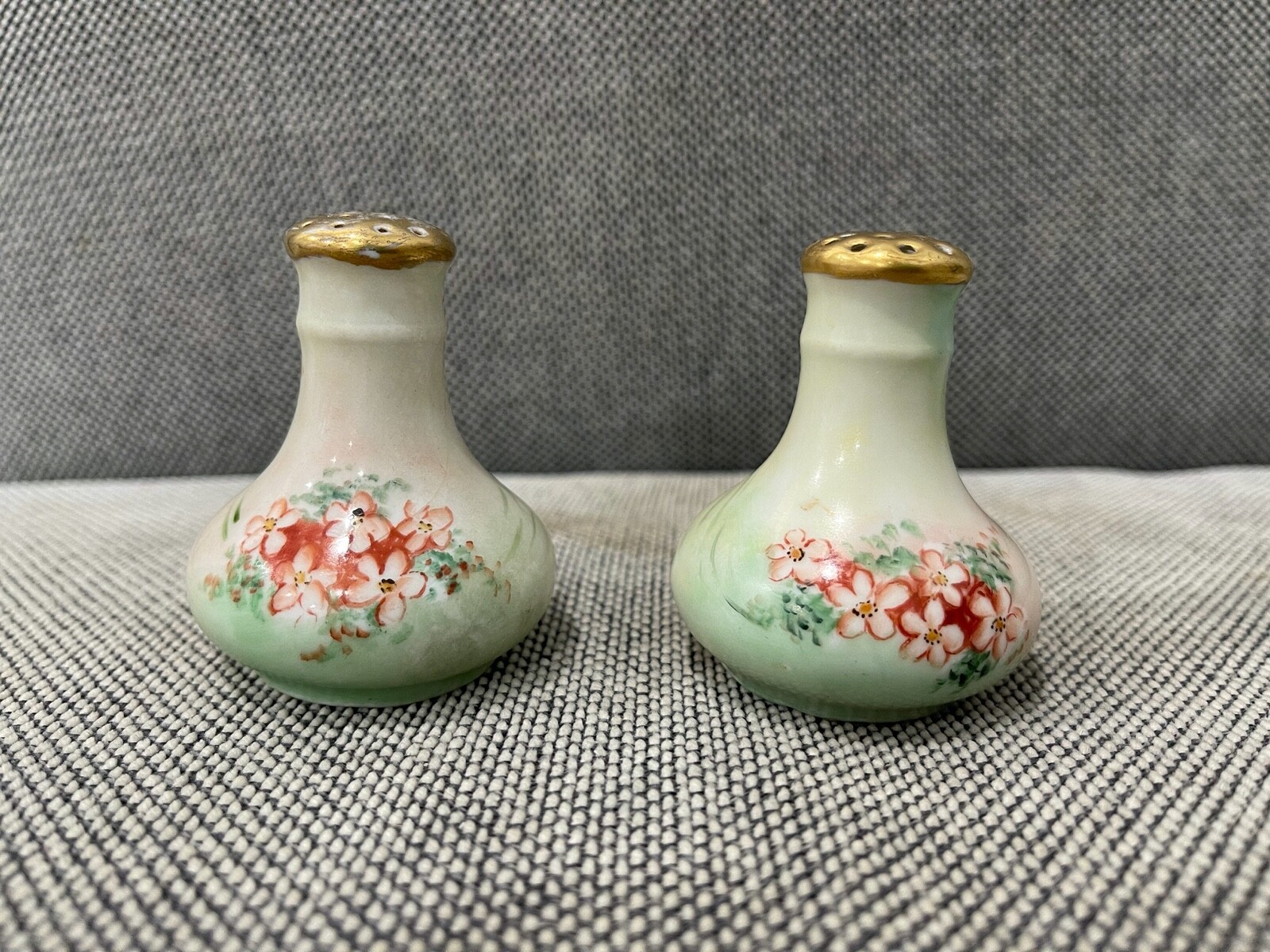 Antique Porcelain Salt & Pepper Shakers w/ Painted Red Flowers Decoration Signed