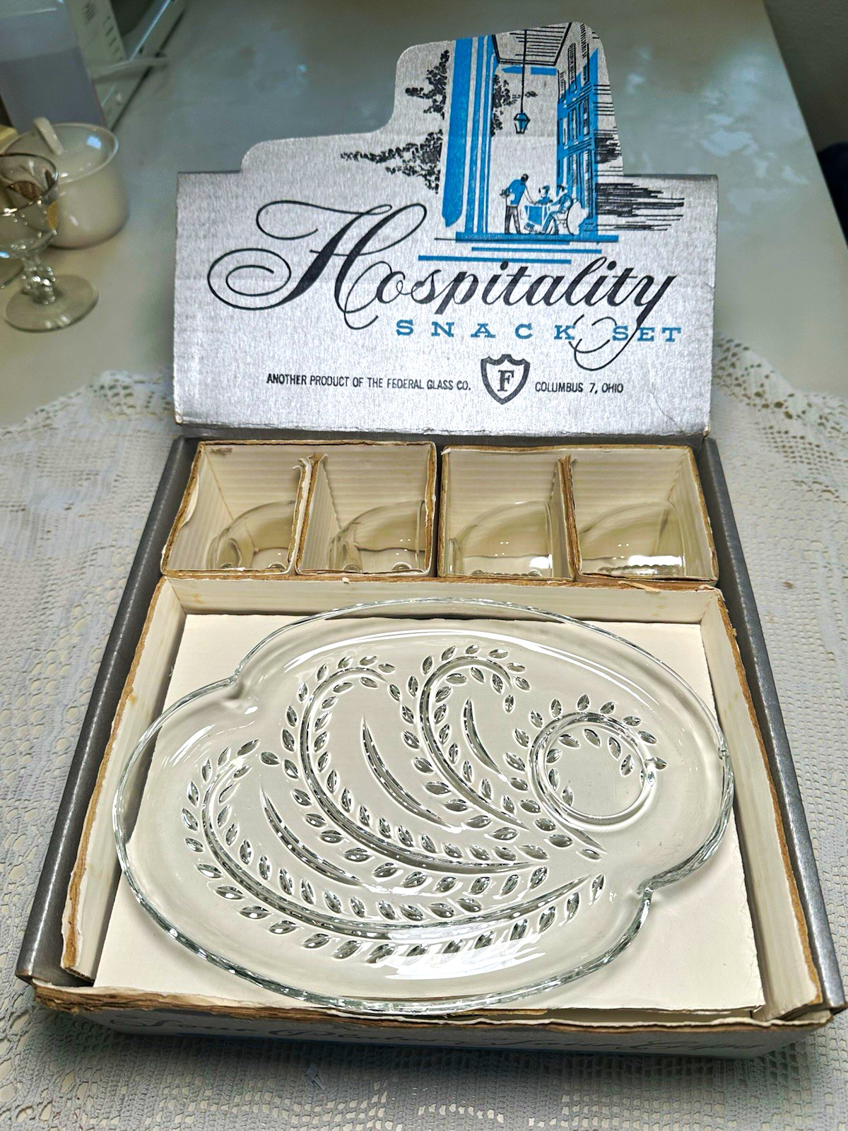 VTG 1950s Federal Glass Hospitality Snack Set Homestead Wheat Original Box