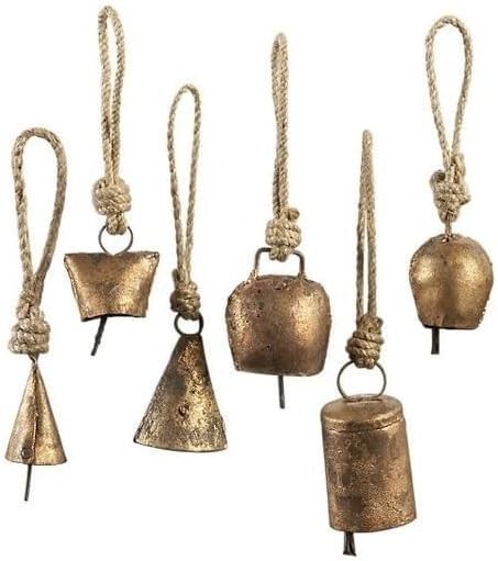 Set of 6pc Harmony Cow Bells, Handmade Vintage Rustic Brass Wall Hanging Cowbell
