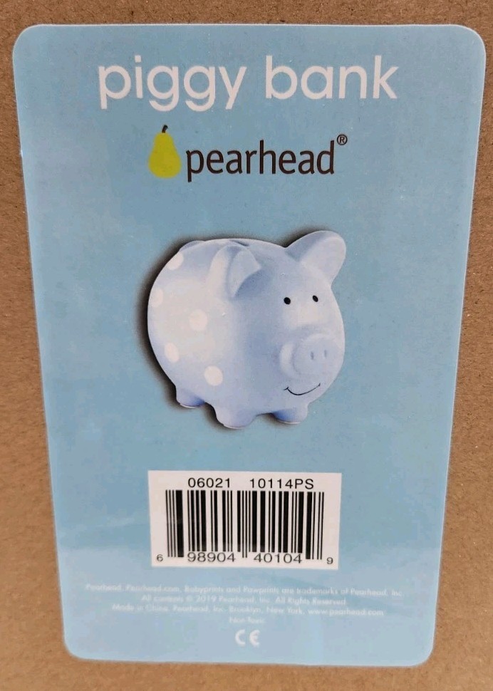 New Pearhead Large Ceramic Piggy Bank Blue Polka Dots Kids Nursery Gift