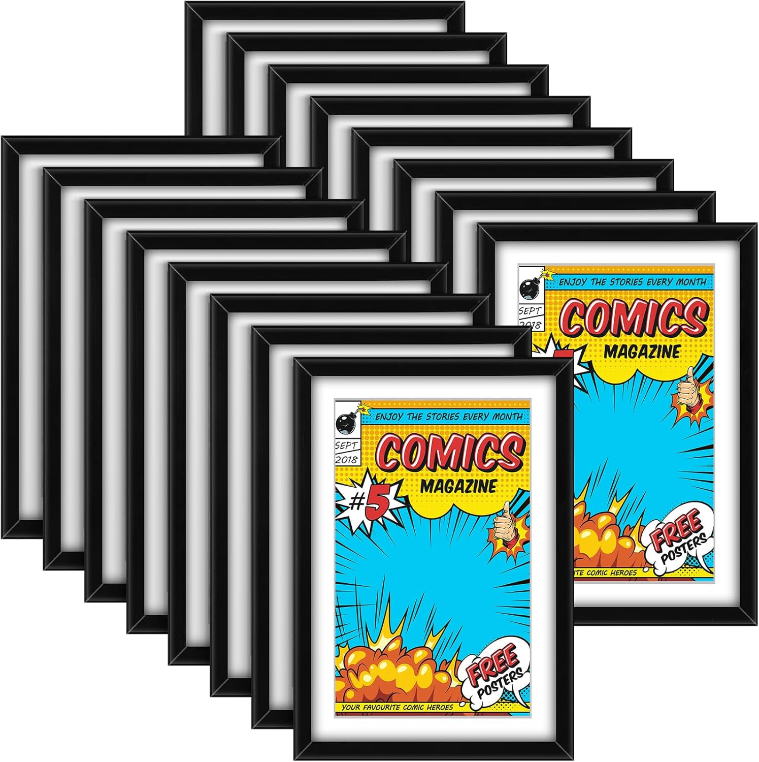 16 Pack Comic Book Frames UV Protection Wall Display w/ White Mat Black
