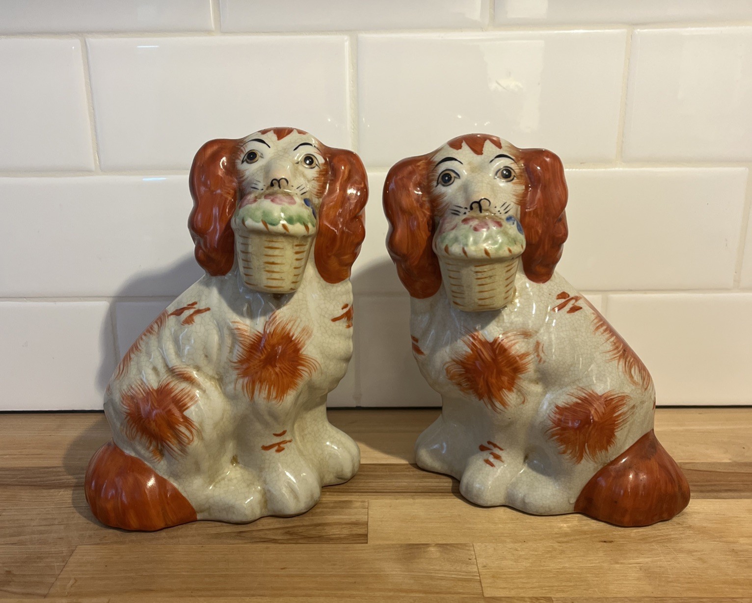 ANTIQUE STAFFORDSHIRE KING CHARLES SPANIELS MATCHING BASKET PAIR  7”