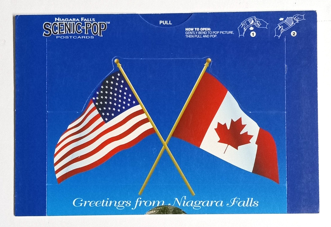 Scenic Pop Canada Niagara Falls Mechanical Novelty Postcard 3D USA Canadian Flag