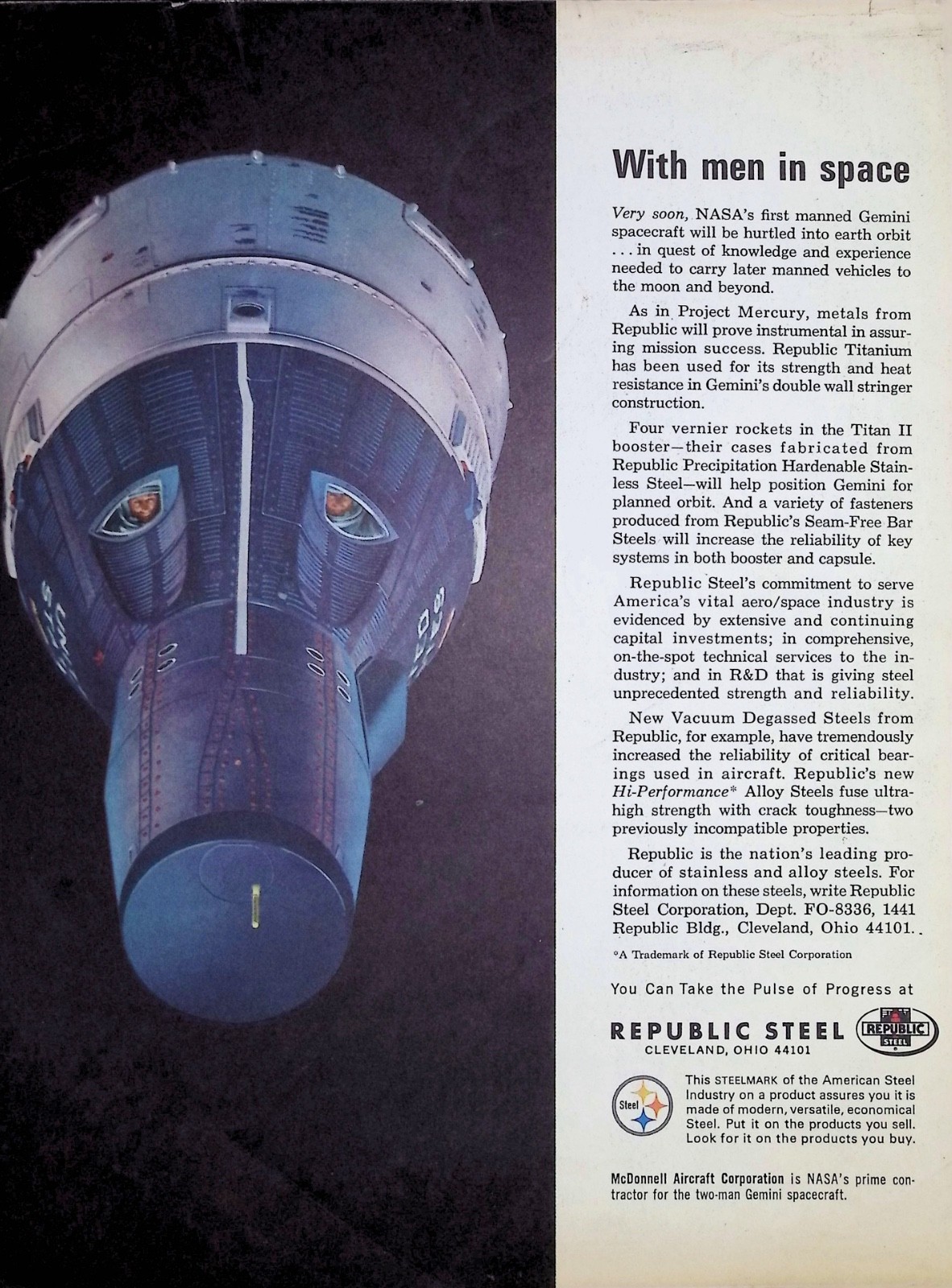 Original 1964 Republic Steel Ad: NASA Gemini Spacecraft Project Mercury Titan II